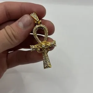 Authentic Gold Plated Iced Ankh Egypt Egyptian TUT Charm Pendant Necklace