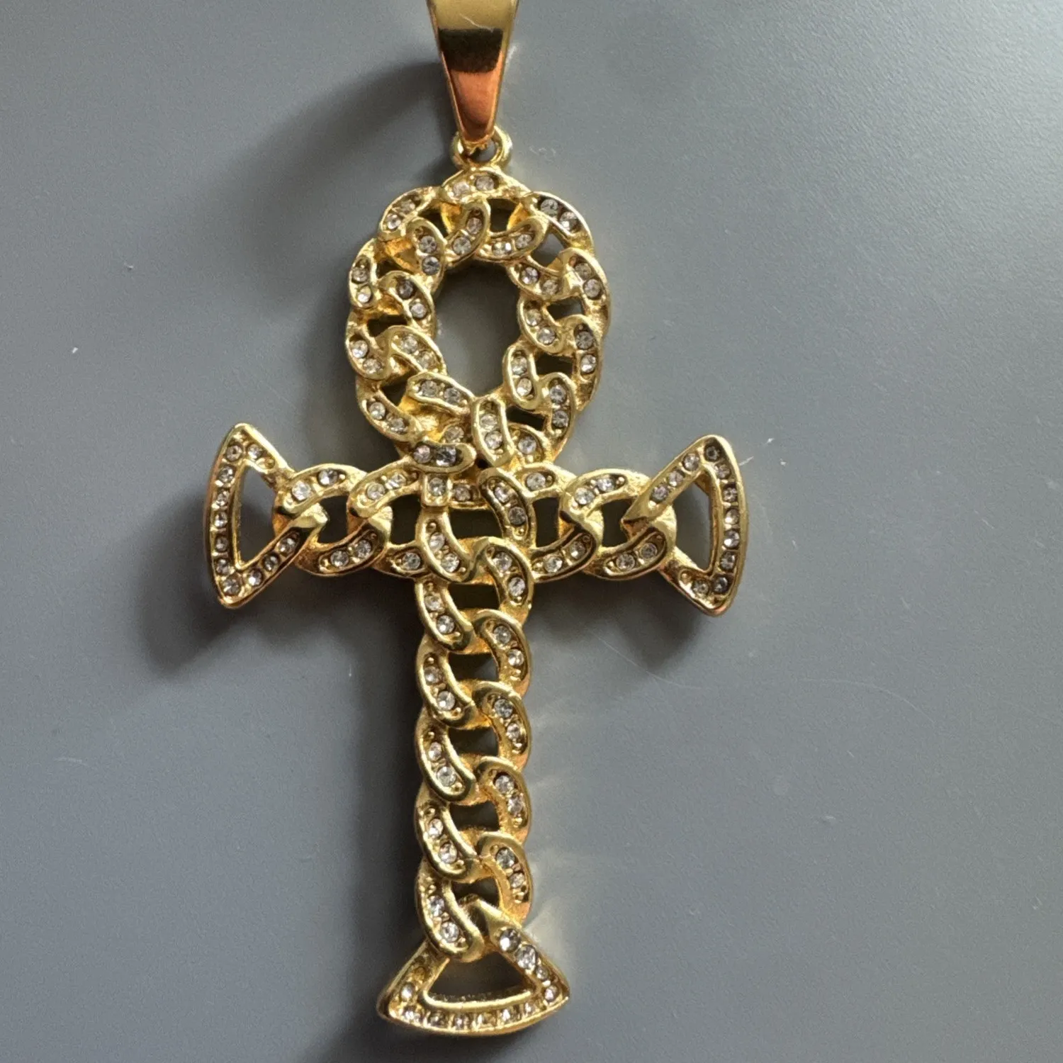 Authentic Twisted Gold Plated Cubic Zirconia Stainless Steel Egyptian Ankh Cross Pendant
