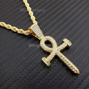 Authentic Gold Plated Nail Ankh Cross Cubic Zirconia Pendant 24" Rope Chain Necklace