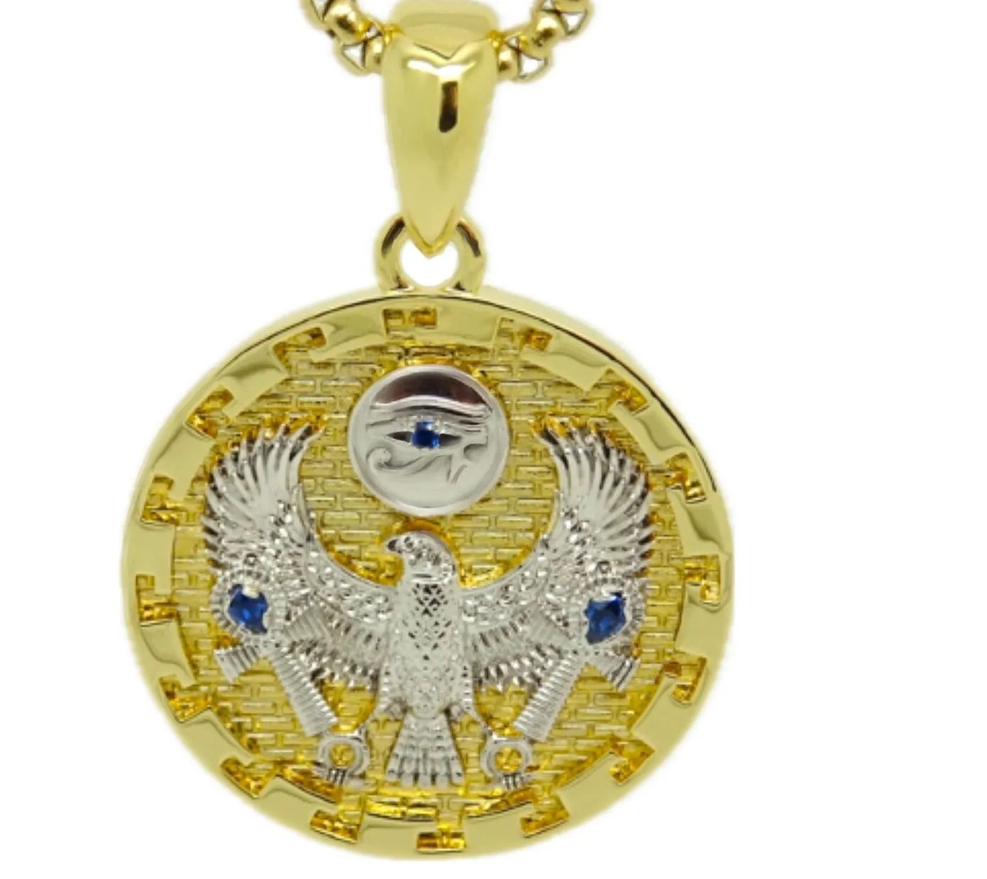 Authentic Egyptian Falcon Pendant with Chain Eye of Horus Ankh Cross Gold Plated Necklace