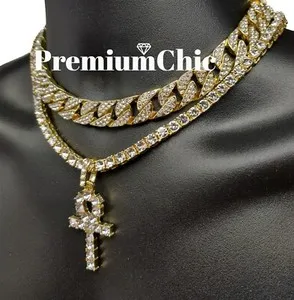 Authentic Triune Life: Ankh Pendant, Tennis Chain & Cuban Choker – Gold‑Plated CZ Radiance