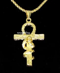 Authentic Ankh with Snake Pendant Necklace 22k Gold Plated Men Women 24" Round Box Chain