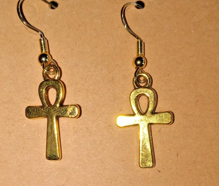 Authentic EGYPTIAN ANKH Gold plated Pierced Drop Dangle Earrings, Gothic Mystical