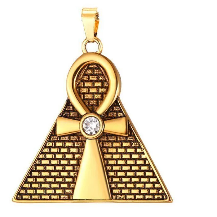 Authentic MENDEL Mens Gold Plated Hip Hop CZ Ankh Pyramid Pendant Necklace Stainless Steel