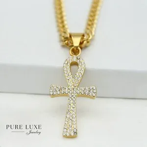 Authentic Men's 24"Cuban Curb Chain.ANKH CROSS CZ Charm,.Gold plated*Box