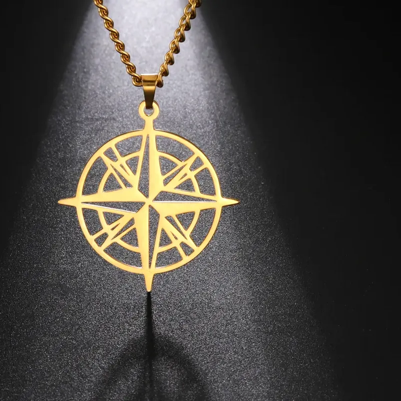 Authentic Openwork Construction Compass Pendant Necklace for Men Women Gold Color Necklace Jewelry