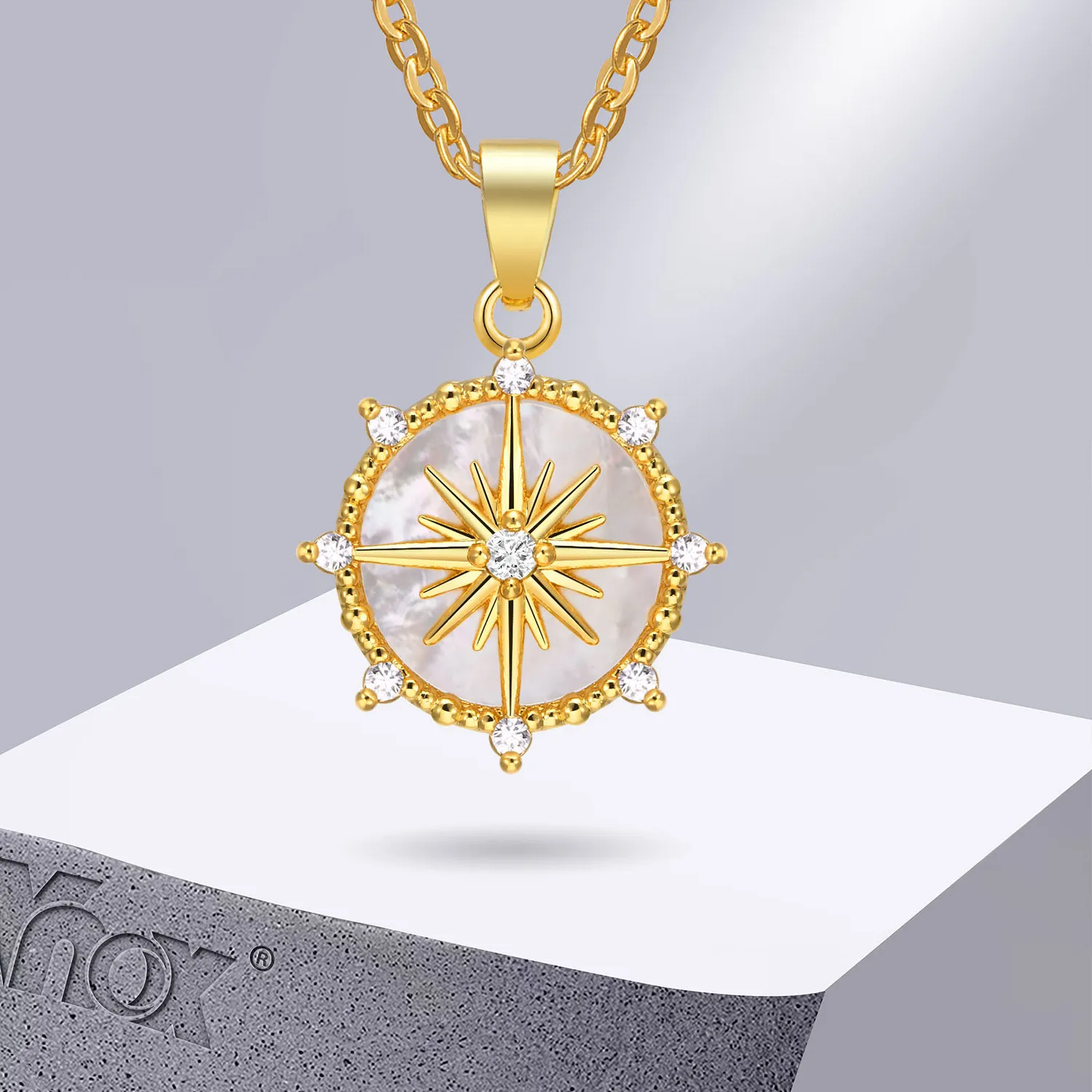 Authentic Vnox Trendy Rudder Compass Necklaces for Girls Women, Gold Plated Metal Sun Star Coin Pendant, Cute Vintage Collar