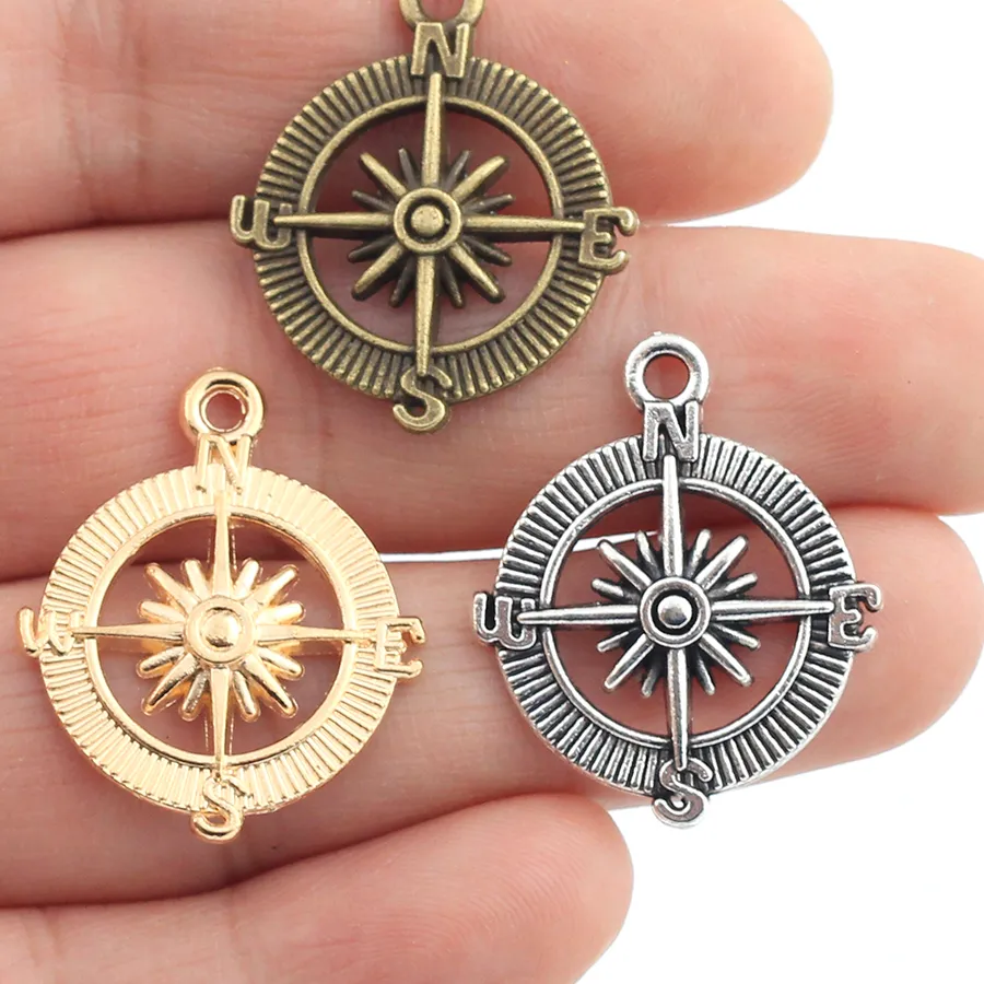 Authentic 14pcs 29X25mm Antique Bronze Silver KC Gold Plated Charms Bracelet Necklace Pendant  Classic Compass A263