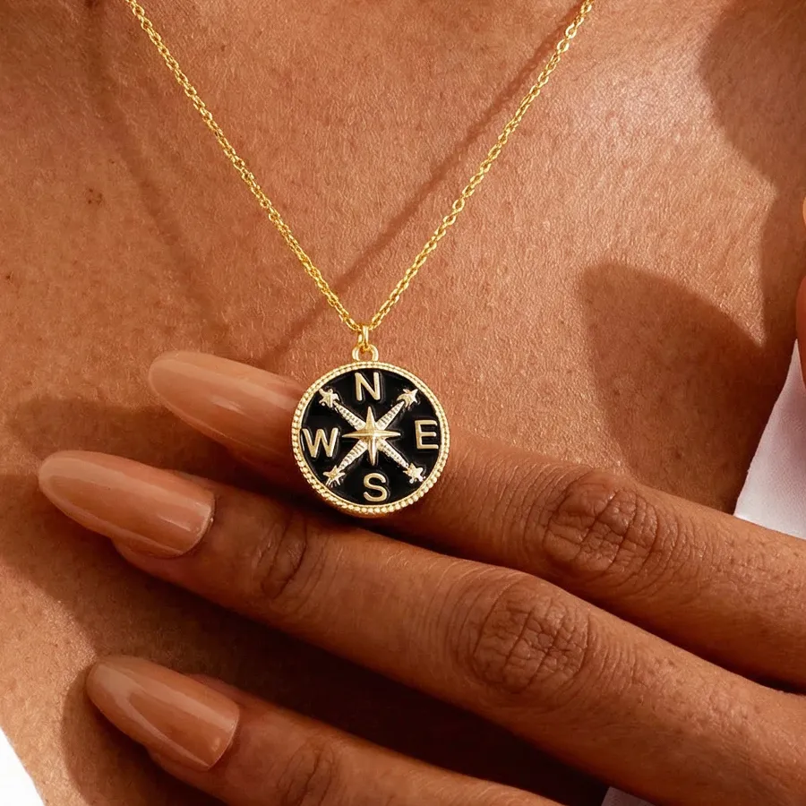 Authentic Kolmnsta Gold Plated Polaris Pendant Necklace For Women Black Enamel Round Starry Sky Compass Necklaces North Star Charm Jewelry