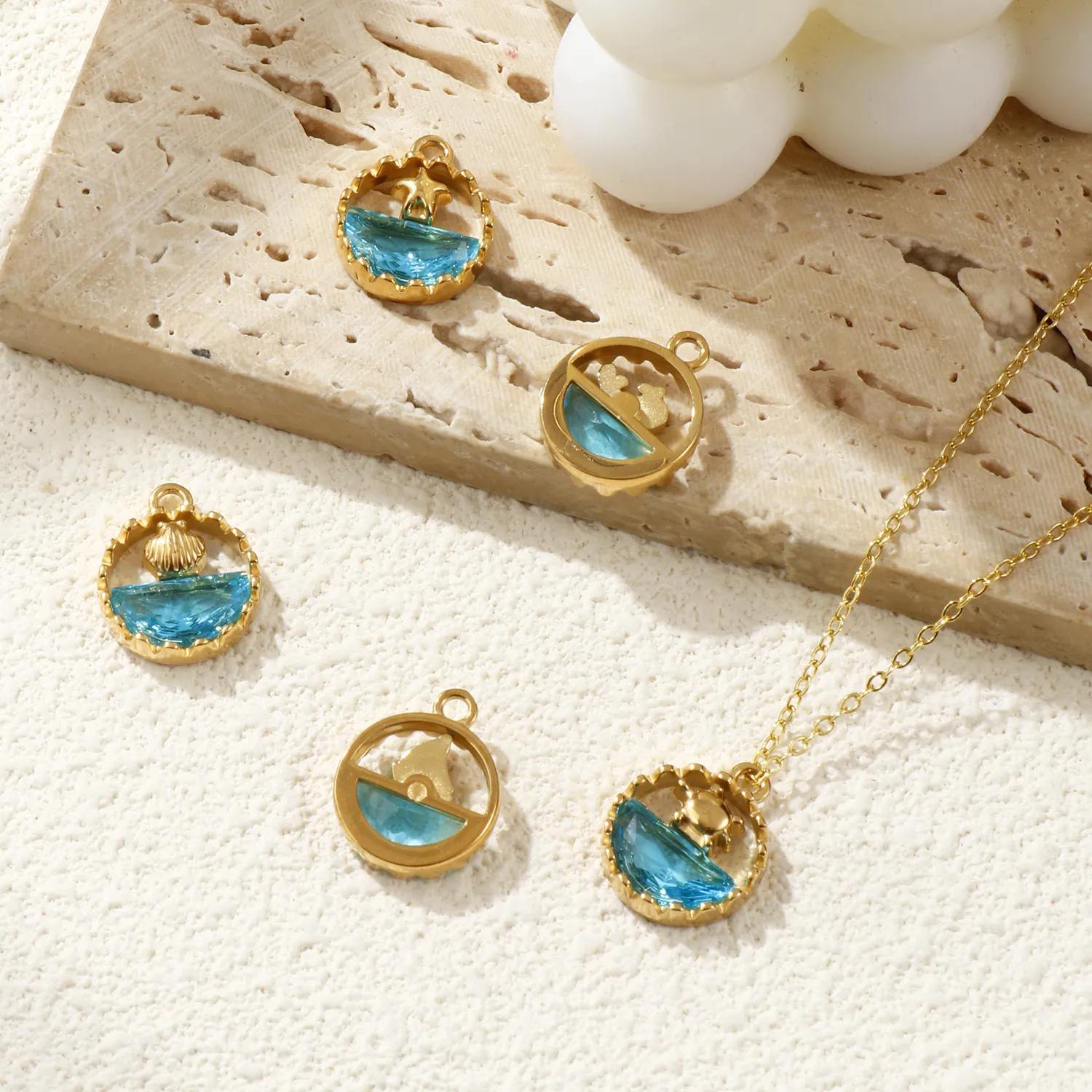Authentic 1 PC 304 Glass Ocean Charms 18K Gold Plated Blue Sailboat Sea Star Pendant DIY For Jewelry Making 18mm x 14.5mm
