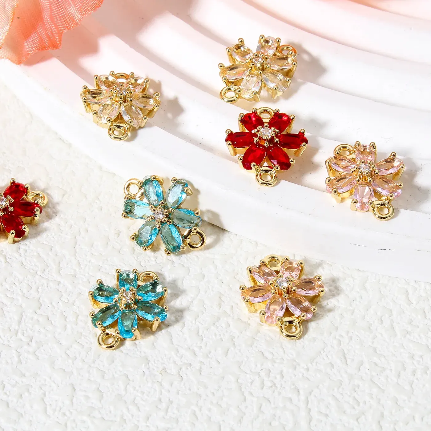 Authentic 5 PCs Flower & Glass Connectors Charms Gold Color Multicolor Pendants For DIY Necklace Jewelry Making Findings 16mm x 13mm