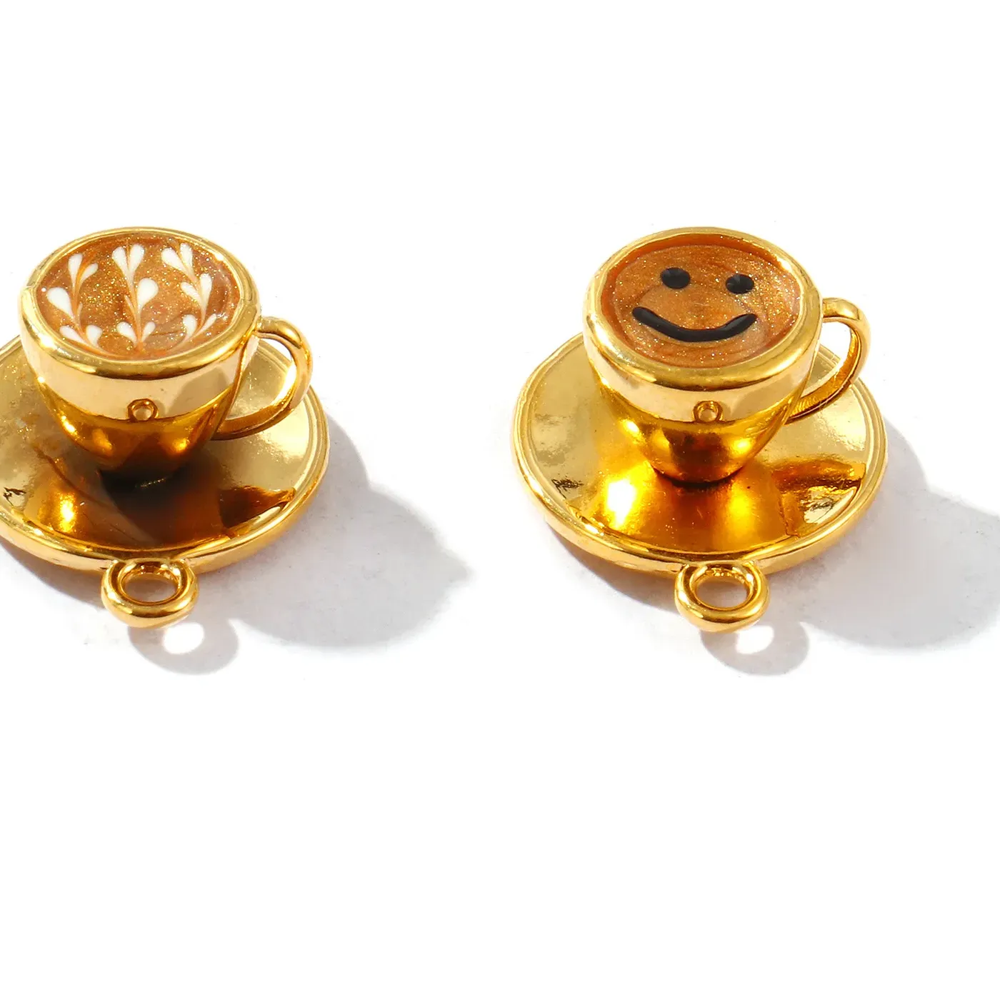 Authentic 1 Piece 304 Charms 18K Gold Plated Pearlescent Oil Drip Coffee Cup And Plate Set 3D Pendant DIY Necklace Making