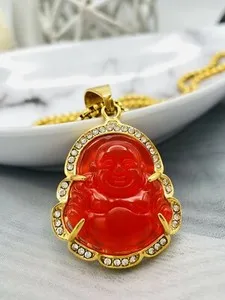 Authentic Jade Buddha Pendant Necklace W/ 18K Gold Plated Crystal Charm Hip Hop Chain