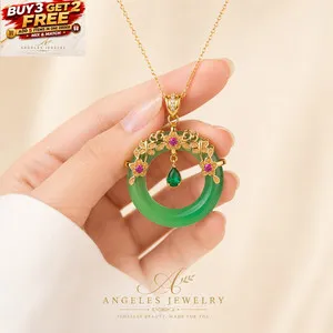 Authentic Round Green Jade Pendant Necklace 18K Gold Plated Chain Dainty Gemstone Jewelry
