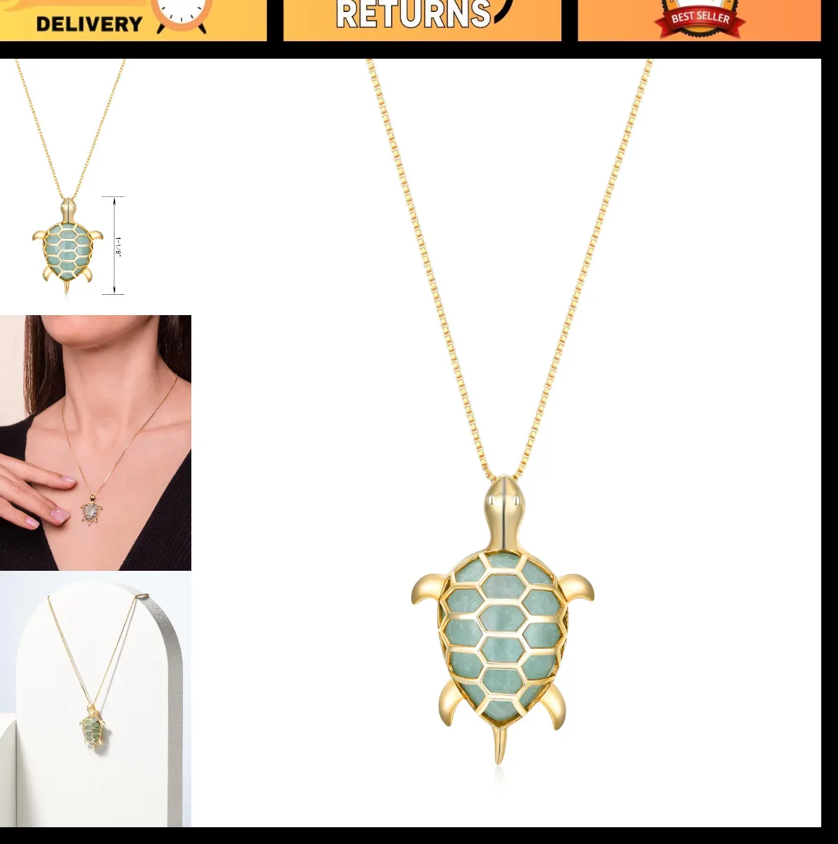 Authentic 18K Gold Plated Sterling Silver Green Jade Turtle Pendant Necklace, 18" Chain