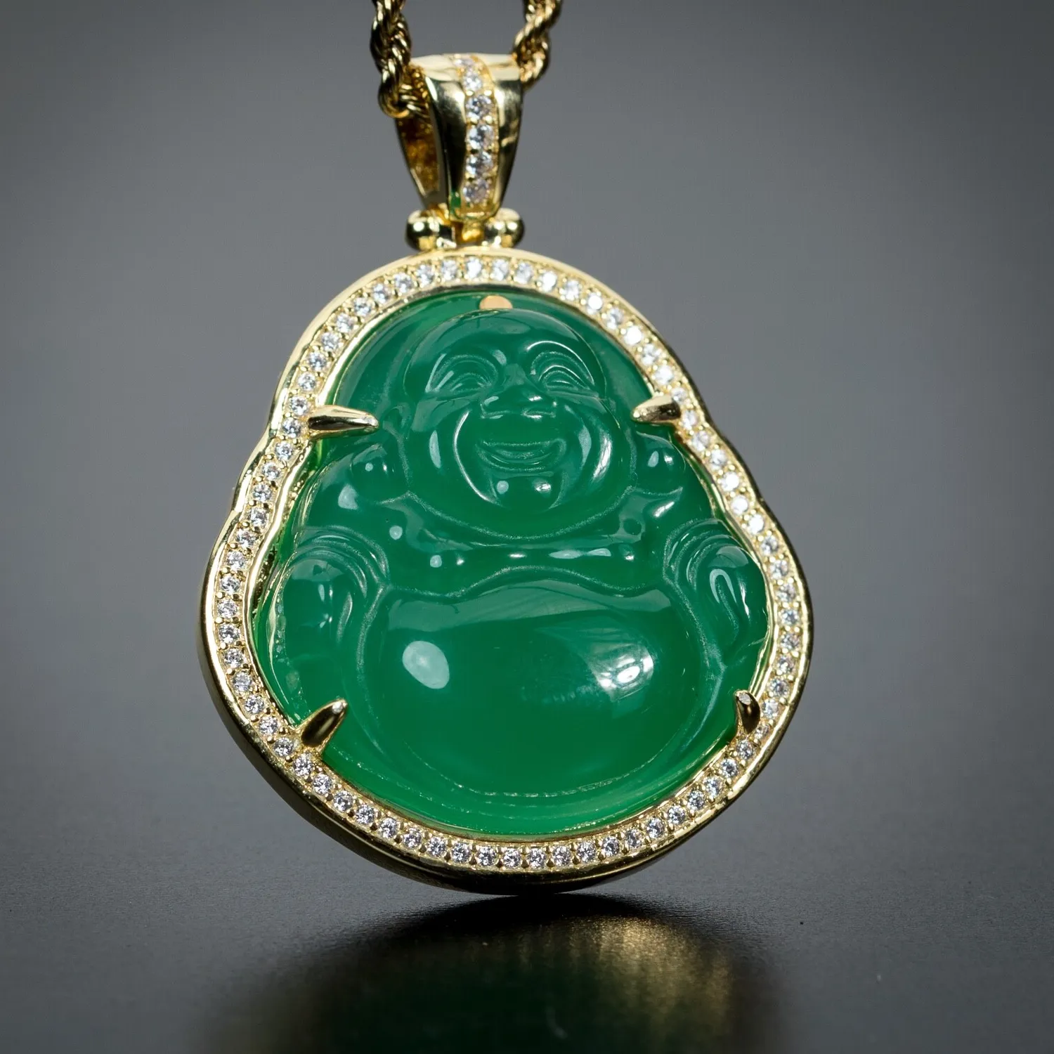 Authentic Mens 14K Gold Plated Cz Green Jade Mini Buddha Pendant & Chain Necklace Set
