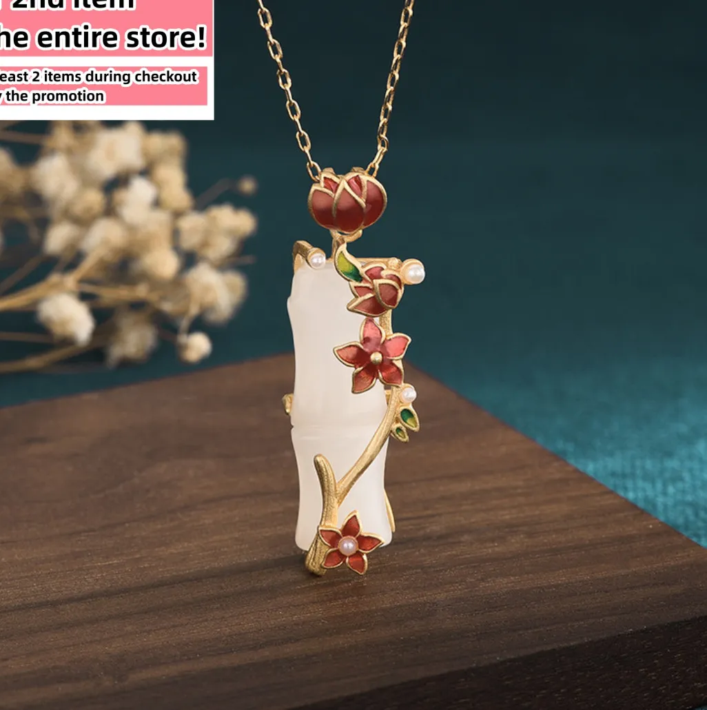Authentic Emerald Bamboo Whisper: 18K Gold‑Plated Jade Pendant with Enamel Blossom & Pearl Essence