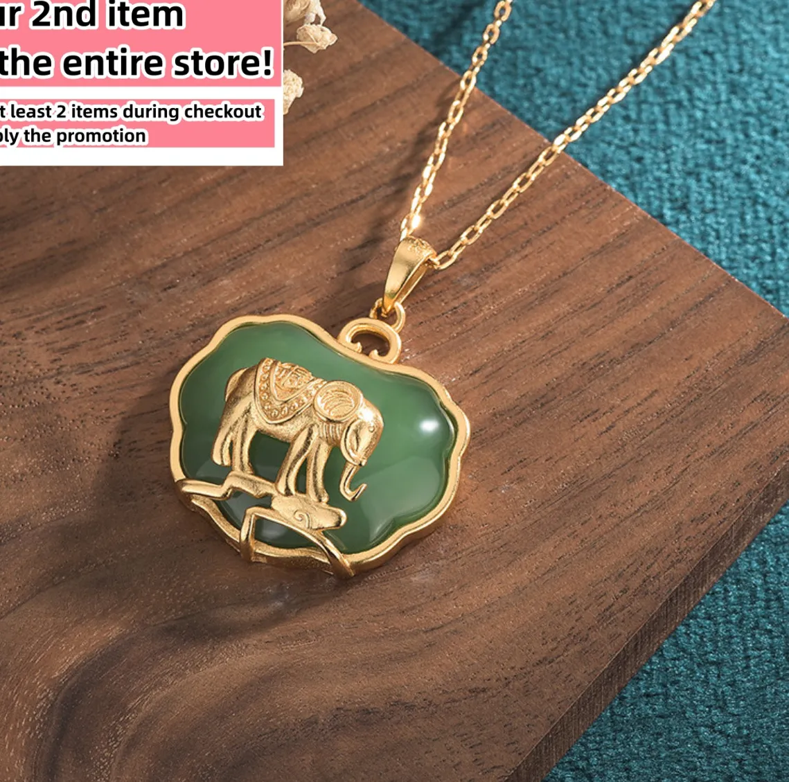 Authentic Green Jade Elephant Pendant Necklace 18K Gold Plated Lucky Animal Charm