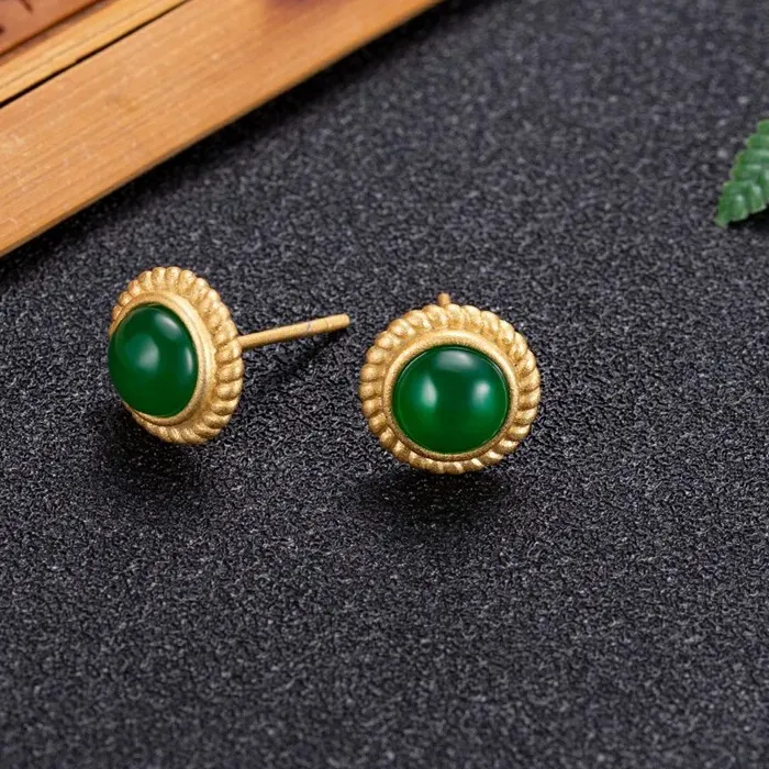 Authentic Green Natural Jade Earrings Ear Stud 18K Gold Plated Real Jewelry Classic