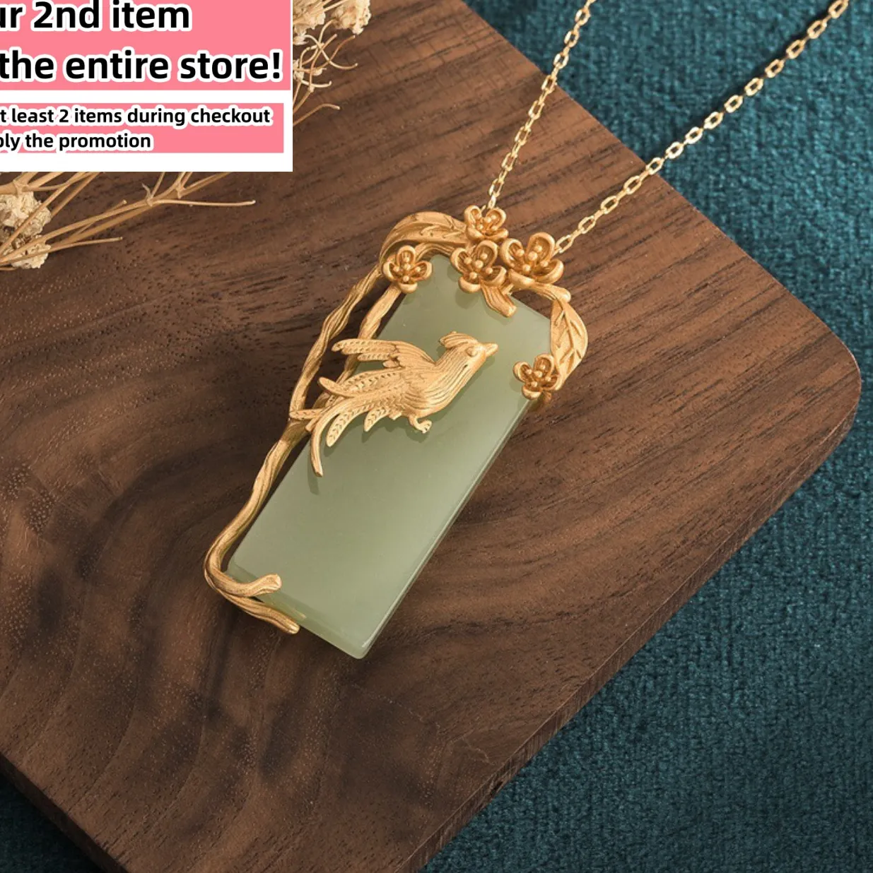 Authentic Jade Pendant Necklace Charm 18K Gold Plated Chain Phoenix Bird Dainty Gemstone