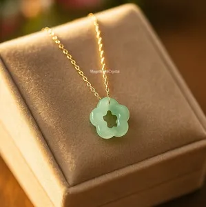 Authentic Jade Floral Pendant Light Green Stone Necklace 18K Gold-Plated Women Jewelry