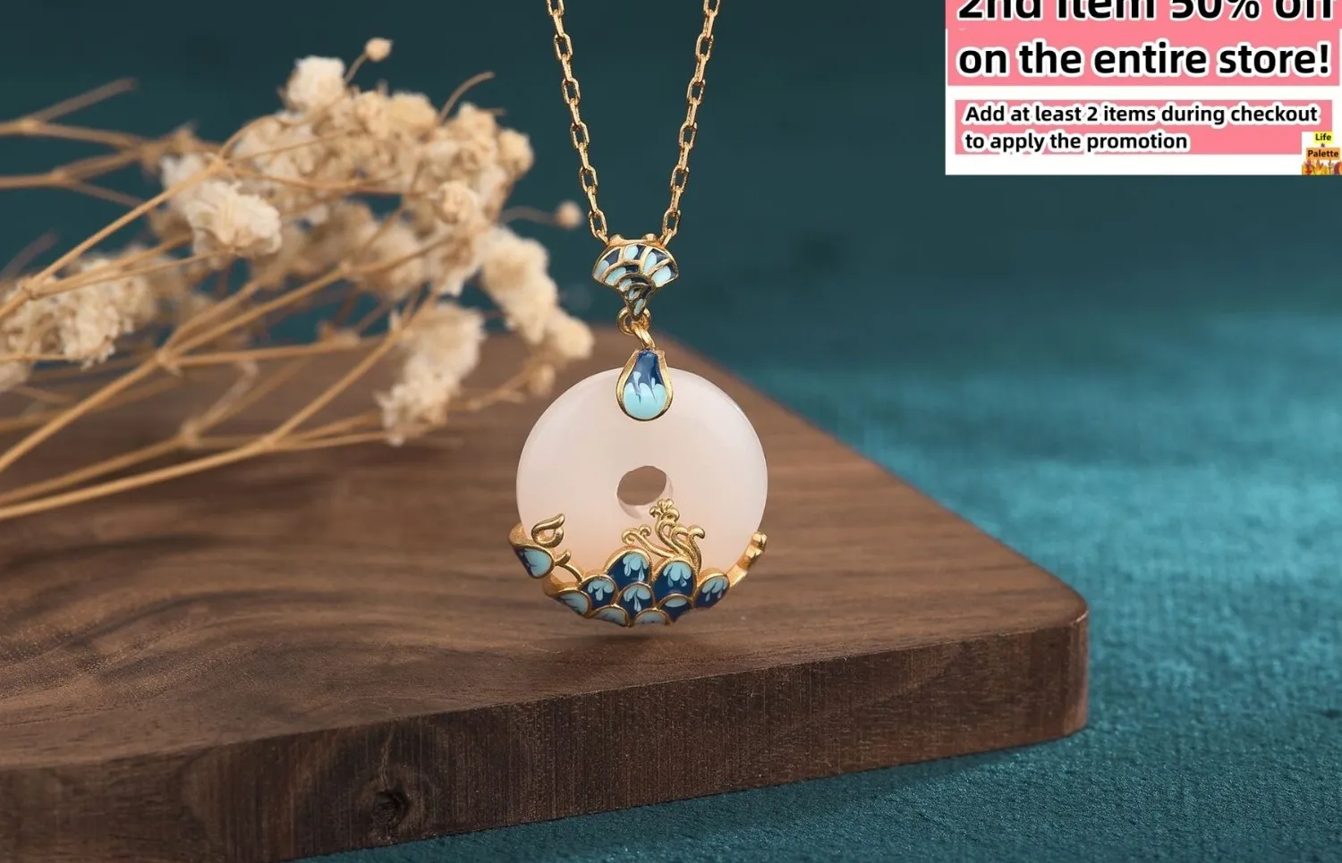 Authentic Ivory Jade Donut Pendant Necklace 18K Gold Plated Blue Enamel Cloisonne Charm