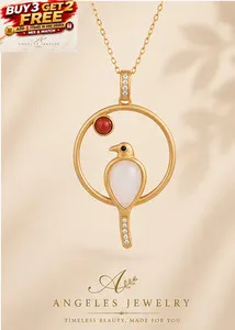 Authentic White Jade Bird Crystal Pendant Necklace 18K Gold Plated Red Stone Charm