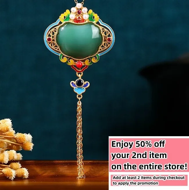 Authentic Green Jade Enamel Pendant Necklace 18K Gold Plated Retro Floral Tassel Charm