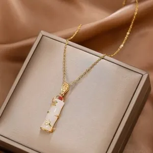 Authentic Vintage 18K Gold Plated White Jade Lucky Bamboo Shaped Pendant Necklace