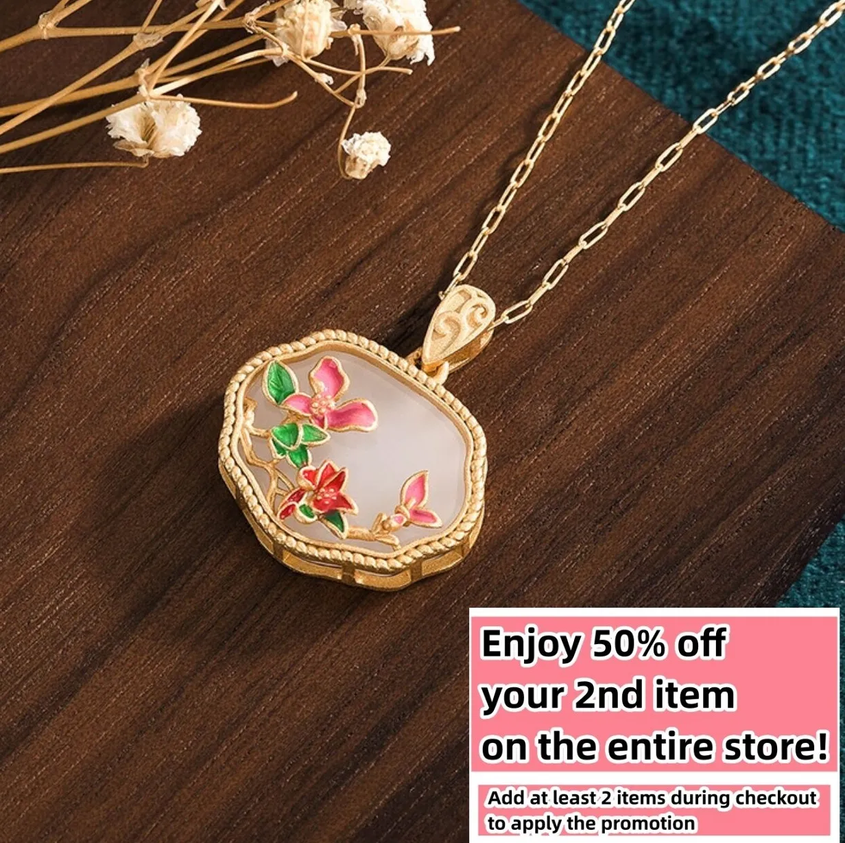 Authentic Jade Crystal Pendant Necklace Charm 18K Gold Plated Chain Flower Dainty Gemstone