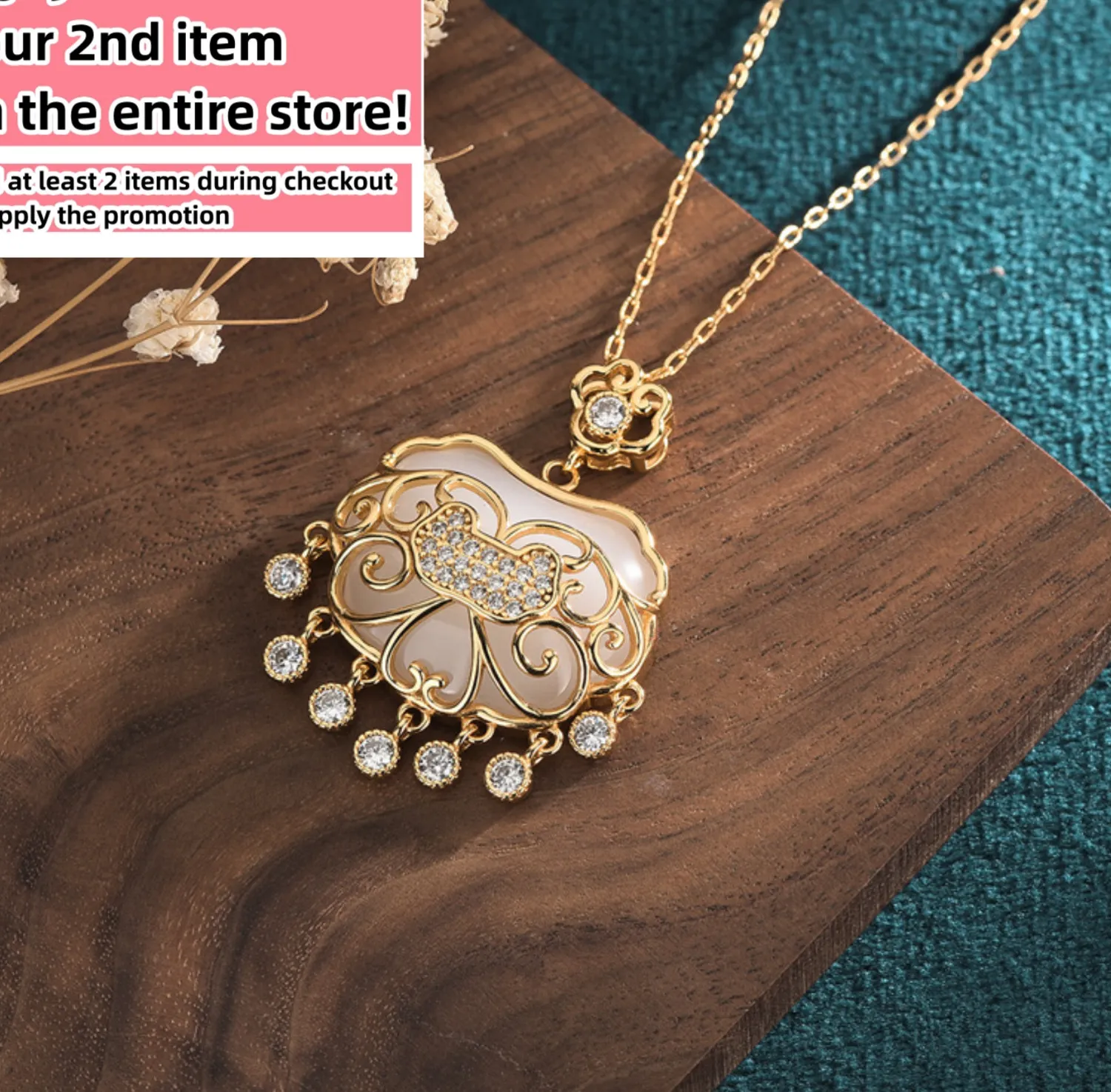 Authentic Jade Crystal Pendant Necklace Charm 18K Gold Plated Luck Lock Dainty Gemstone