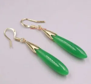 Authentic Gold Plated Heated Green Jade Long Charm Dangle Earrings 2.04inch L