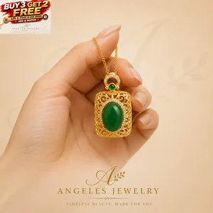Authentic Green Jade Oval Crystal Pendant Necklace 18K Gold Plated Filigree Charm