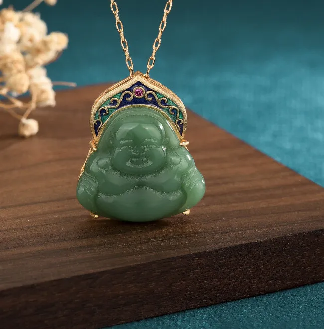 Authentic Jade Laughing Buddha Pendant Necklace 18K Gold Plated Ethnic Gemstone Charm