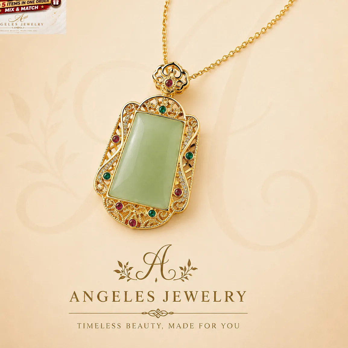 Authentic Ethereal Heart of Nature - Green Jade Crystal Pendant with 18K Gold Plated Chain