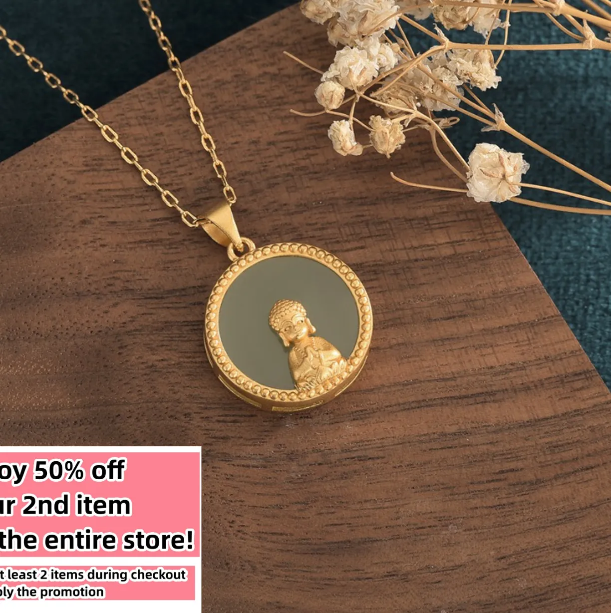 Authentic Green Jade Buddha Pendant Necklace 18K Gold Plated Meditation Lucky Charm