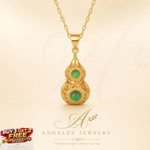 Authentic Green Jade Gourd Pendant Necklace 18K Gold Plated Filigree Vintage Gemstone