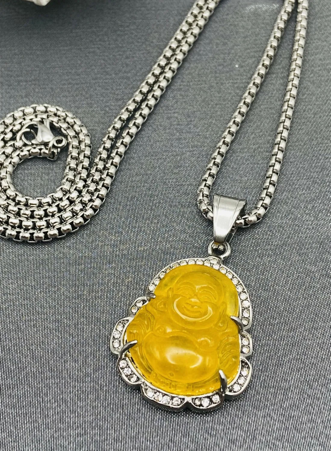 Authentic Jade Buddha Pendant Necklace 18K White Gold Plated Crystal Charm Hip Hop Chain