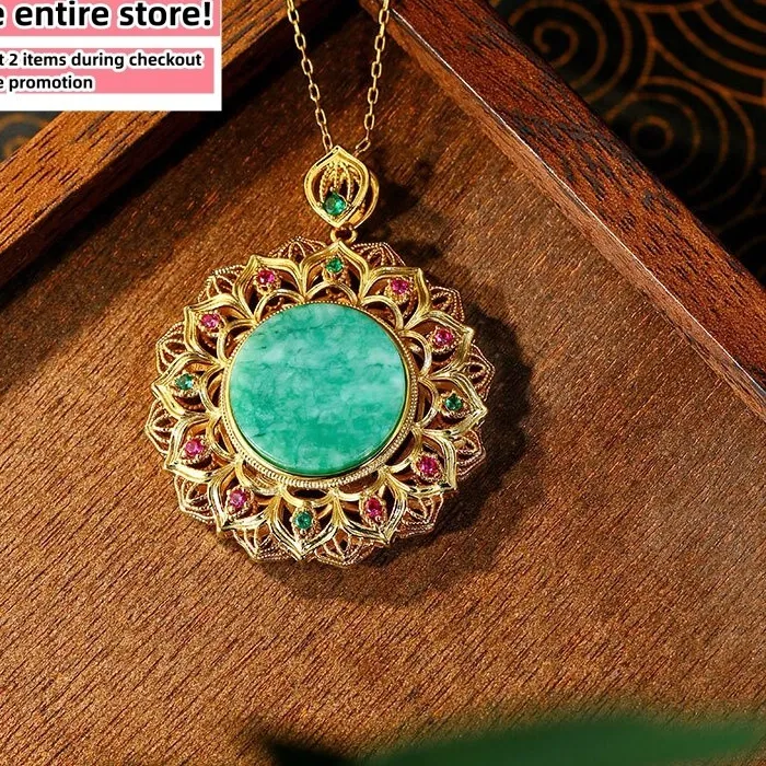 Authentic Green Jade Floral Medallion Pendant Necklace 18K Gold Plated Lotus Charm Jewelry