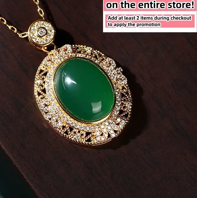 Authentic Green Jade Pendant Necklace 18K Gold Plated Oval Crystal Halo Gemstone