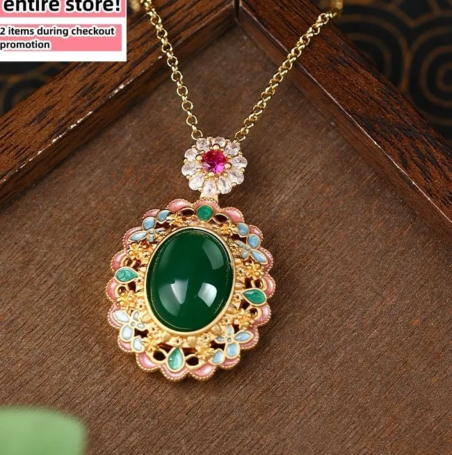Authentic Jade Pendant Necklace 18K Gold Plated Crystal Floral Enamel Gemstone