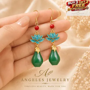 Authentic Lotus Flower Jade Drop Dangle Earrings Red Bead 18K Gold Plated Boho Jewelry