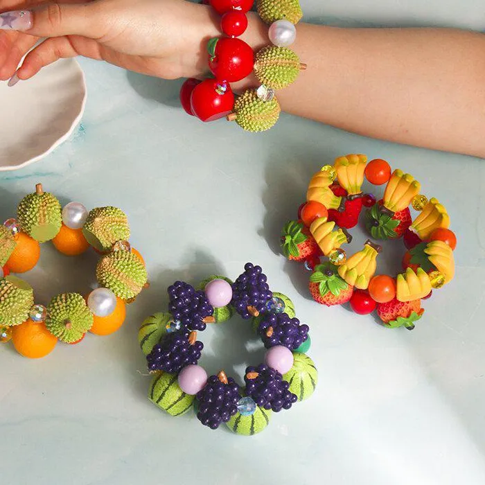 Authentic Cute 3D Simulation Resin Fruit Charm Bracelet With Faux Pearl Rhinestone Details For Summer Beach Vacation Daily Wear Parties