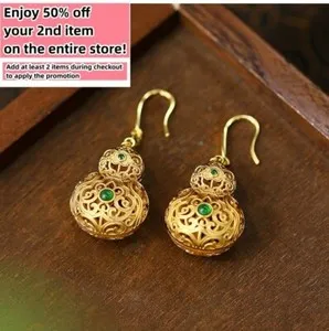 Authentic Green Jade Hollow Carved Gourd Drop Dangle Earrings 18K Gold Plated Hook Jewelry