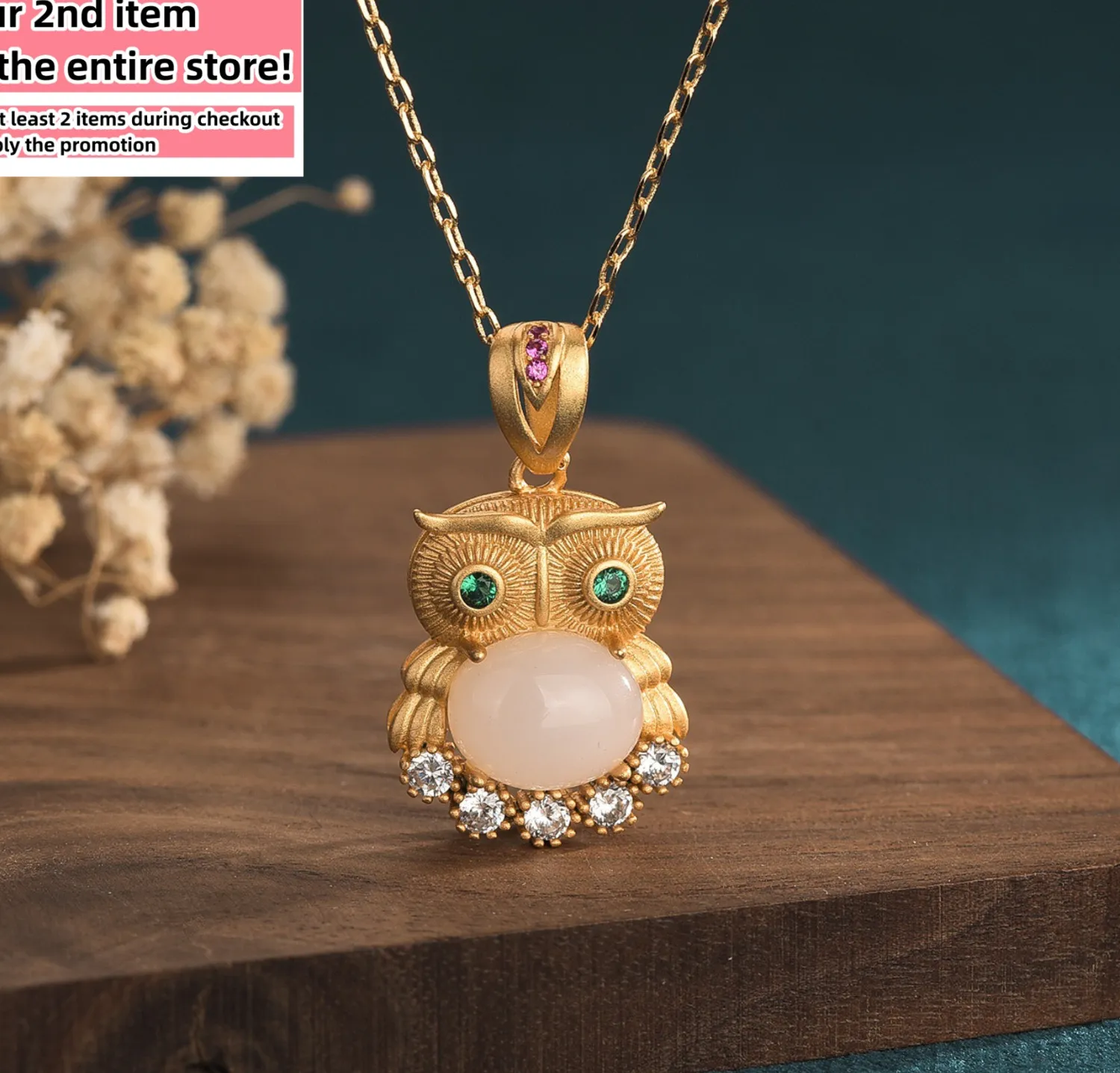 Authentic Ivory Jade Owl Crystal Pendant Necklace 18K Gold Plated Lucky Animal Charm