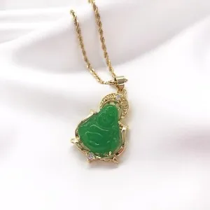 Authentic Good Fortune Wisdom Gold plated Jade laughing Buddha Pendant Necklace,