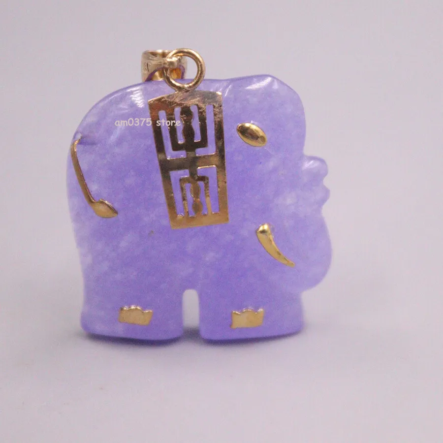 Authentic Yellow Gold plated Simulated Heating Jade Jadeite Purple Elephant Pendant 1.2inL