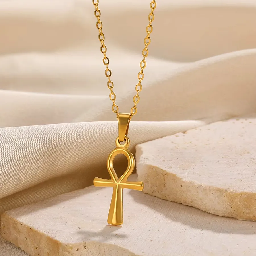 Authentic Cross Pendant Necklace For Women Men Gold Color Ancient Egypt Ankh Cross Charm Choker Jewelry Hip Hop