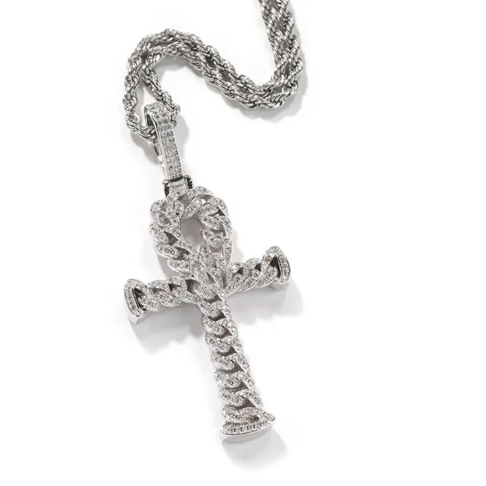 Authentic Hip Hop 5A+ CZ Stone Paved Bling Ice Out Cuban Chain Ankh Cross Pendants Necklaces for Men Rapper Jewelry Gold Silver Color