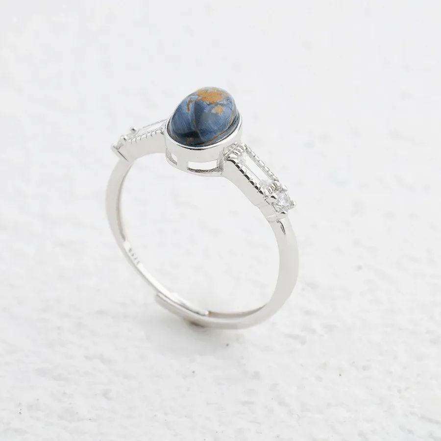 Authentic S925 Silver Women's Ring 7x5mm Oval Pietersite Natural Stone Adjustable Open Bands Handmade Bohemian Jewelry Gifts